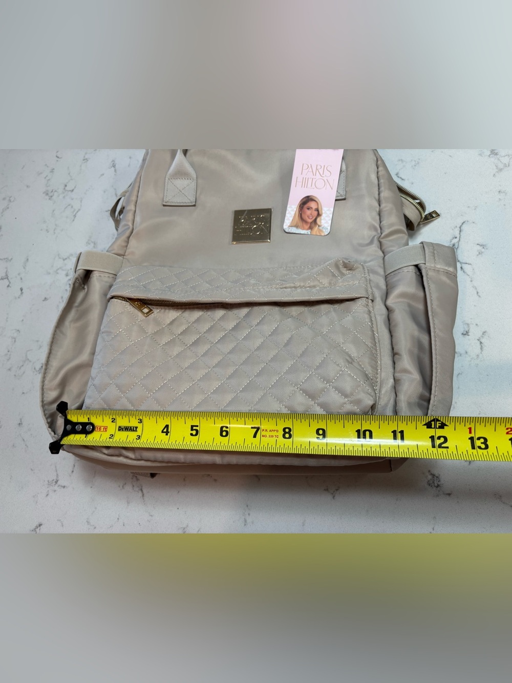 New Paris Hilton Quilted Cream Travel Laptop Backpack with Gold Accents - Picture 7 of 8